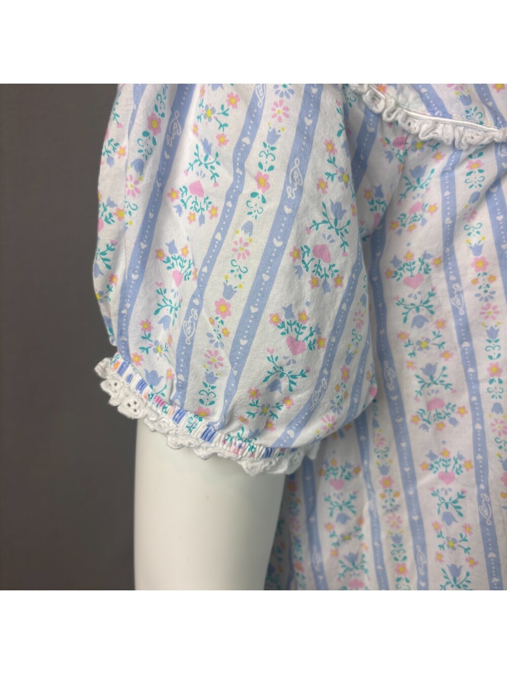 Lanz of Salzburg Long Nightgown Cotton Short Sleeve Floral White Blue Sz S - Picture 4 of 9
